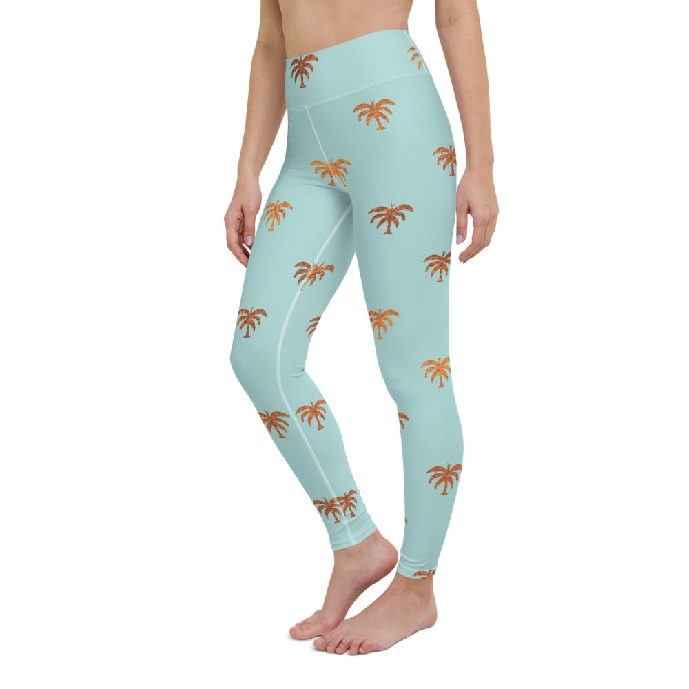 High Waist Light Blue Gold Palm Tree Leggings