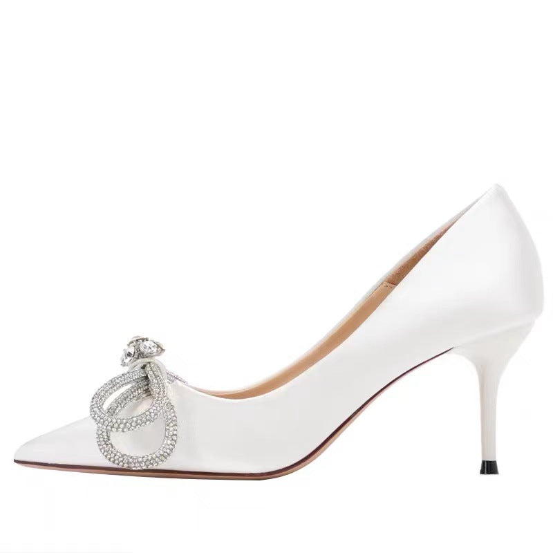 New pointed rhinestone bow high heels women's banquet wedding shoes