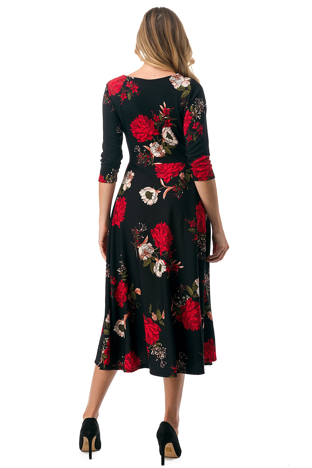 1223 Floral Midi Dress with a Round Neck, Side Pockets.