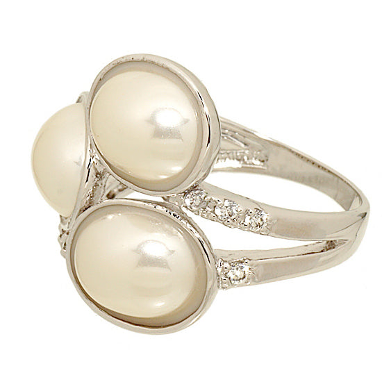 Cabochon Faux Pearl and Cubic Zirconia Wrap Silvertone Ring