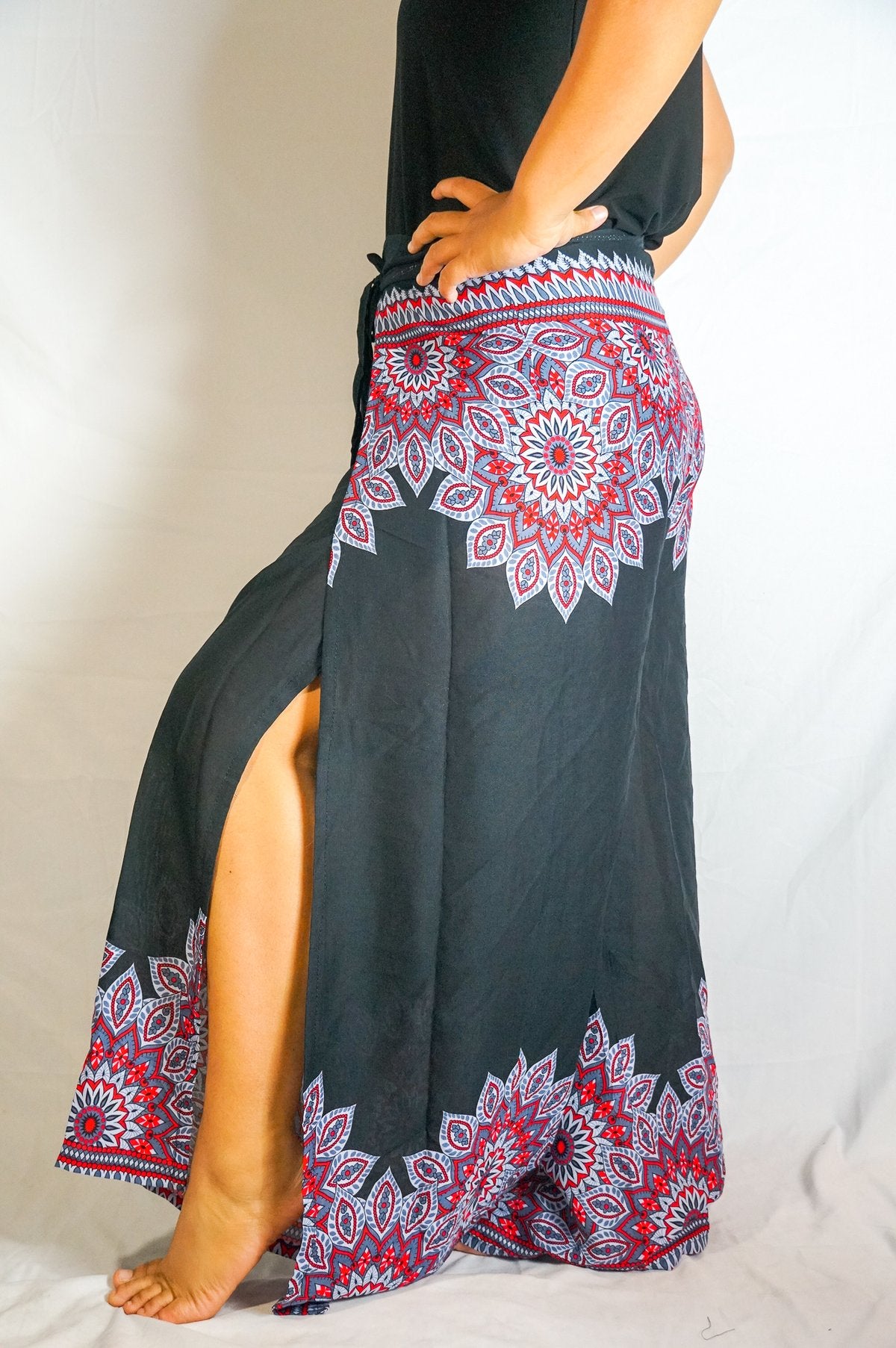 Black Floral Palazzo Wrap Pants, Hippie Pants, Boho Harem Flow Pants