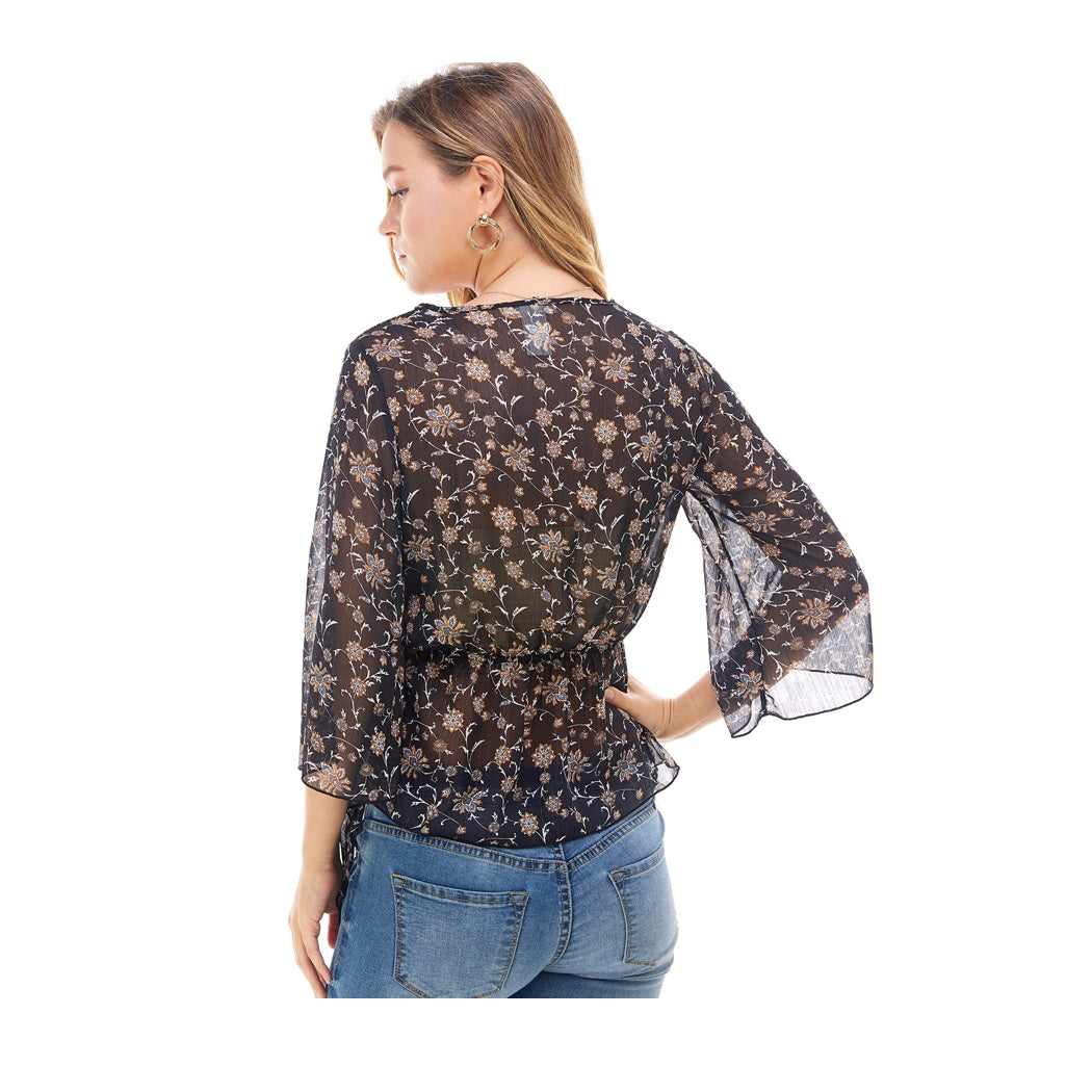 Paisley Floral Print Hanky Hem Bell Sleeves Blouse