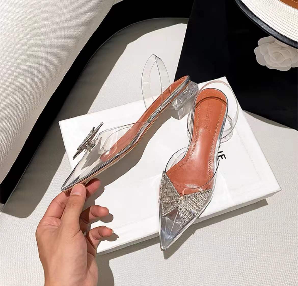 New Pointed Toe transparent high heels Butterfly-knot party Sandal