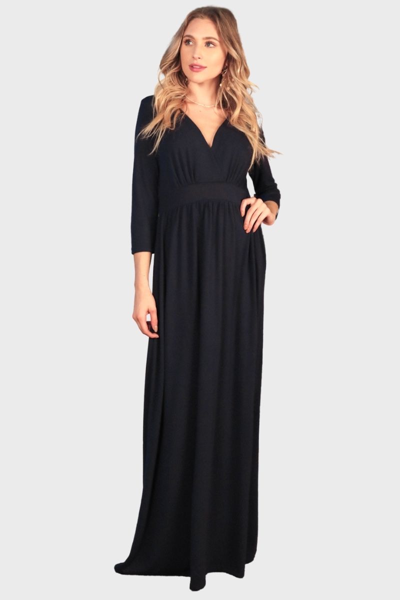 Solid maxi dress, surplice bodice, v-neckline, banded waist 1160