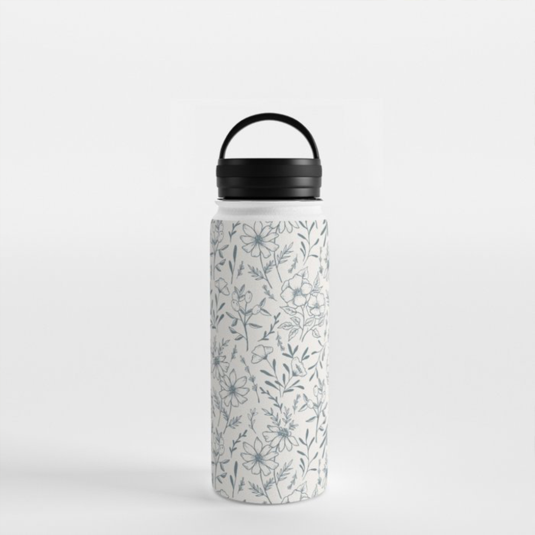 Blue Gray Flower Handle Lid Water Bottle