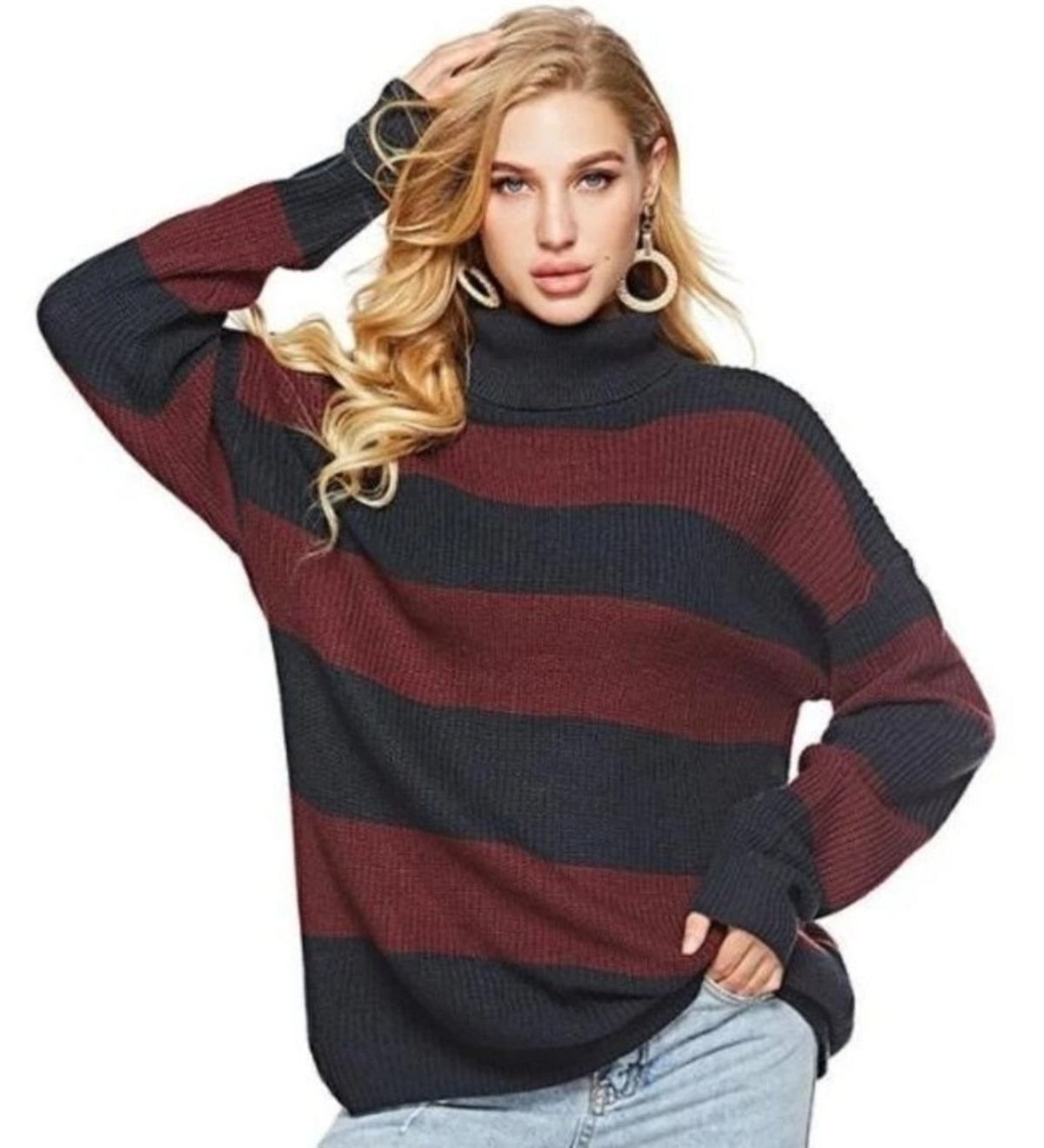 Womens Loose Fit Turtle Neck Stripe Sweaters