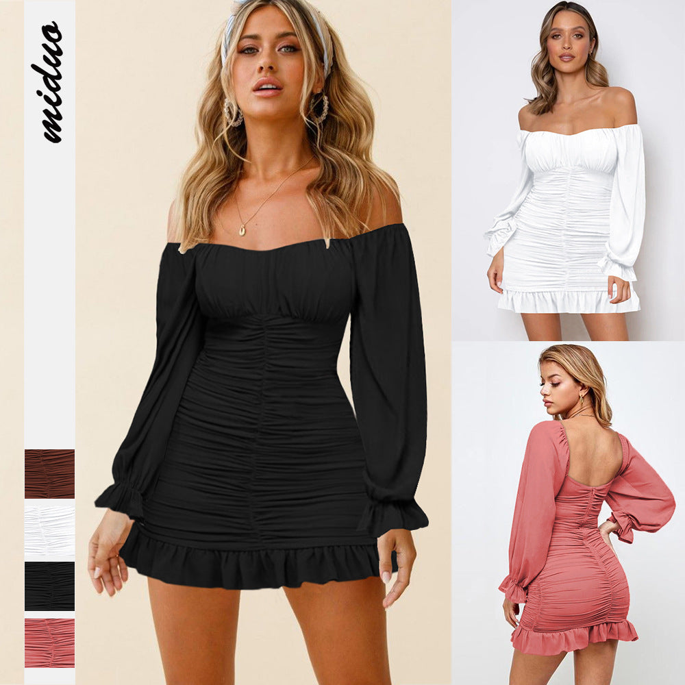 New Ruffled Pleated Sexy Off-the-shoulder Long Sleeve Dress