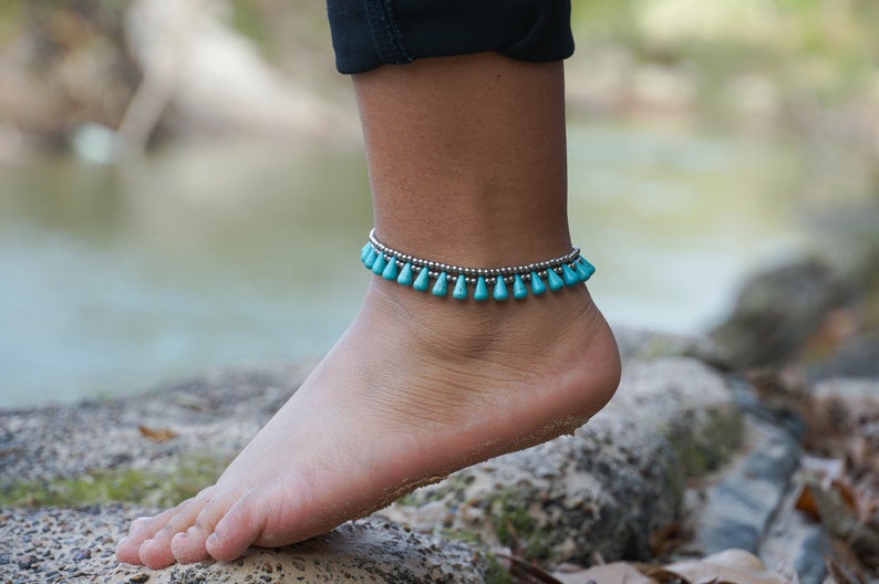 Turquoise Teardrop Bead Boho Silver Anklet | Tan Smokey