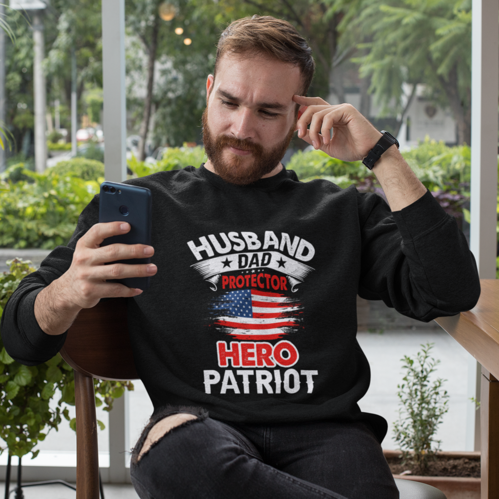 Husband, Dad, Protector, Hero, Patriot Crewneck Sweatshirt | Yellow Pandora