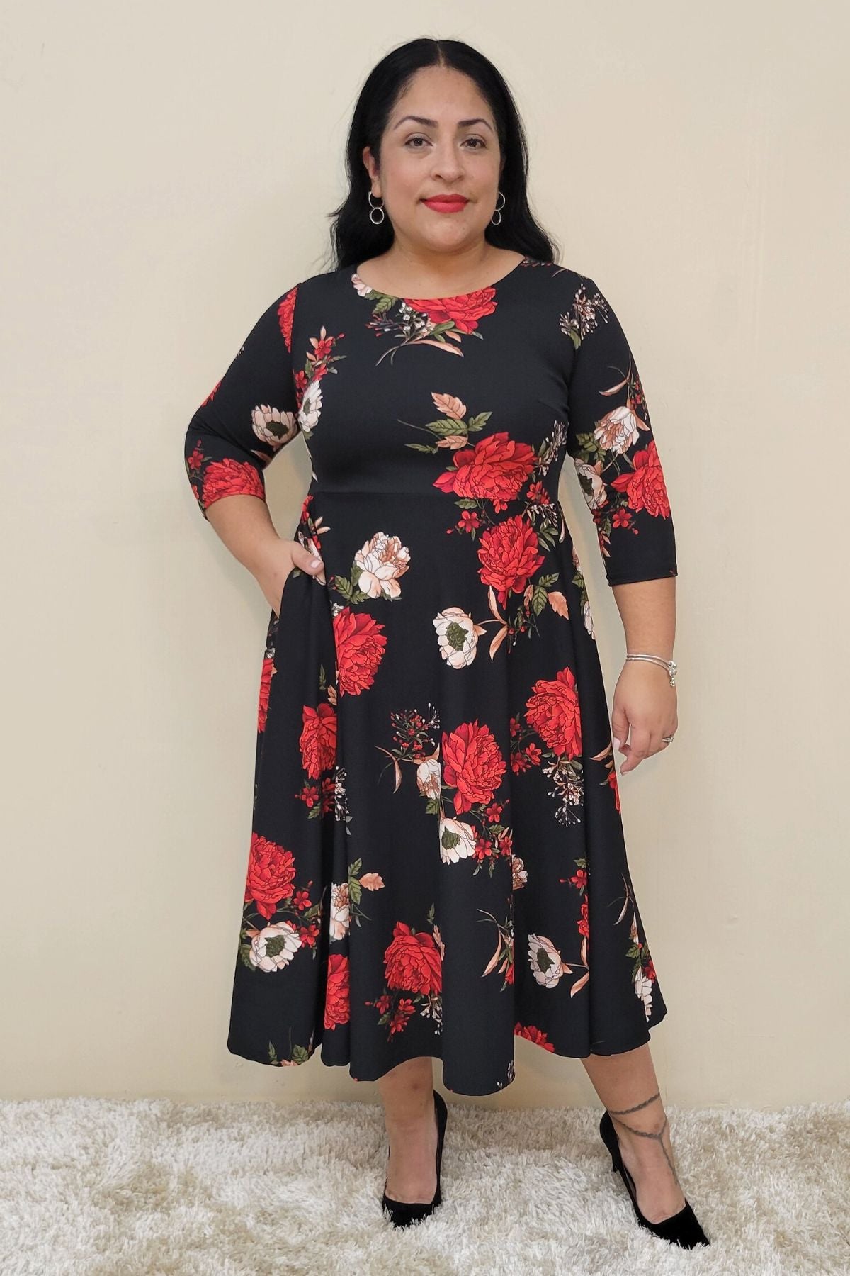 1223 Plus Size Floral Midi Dress, round neck, pockets