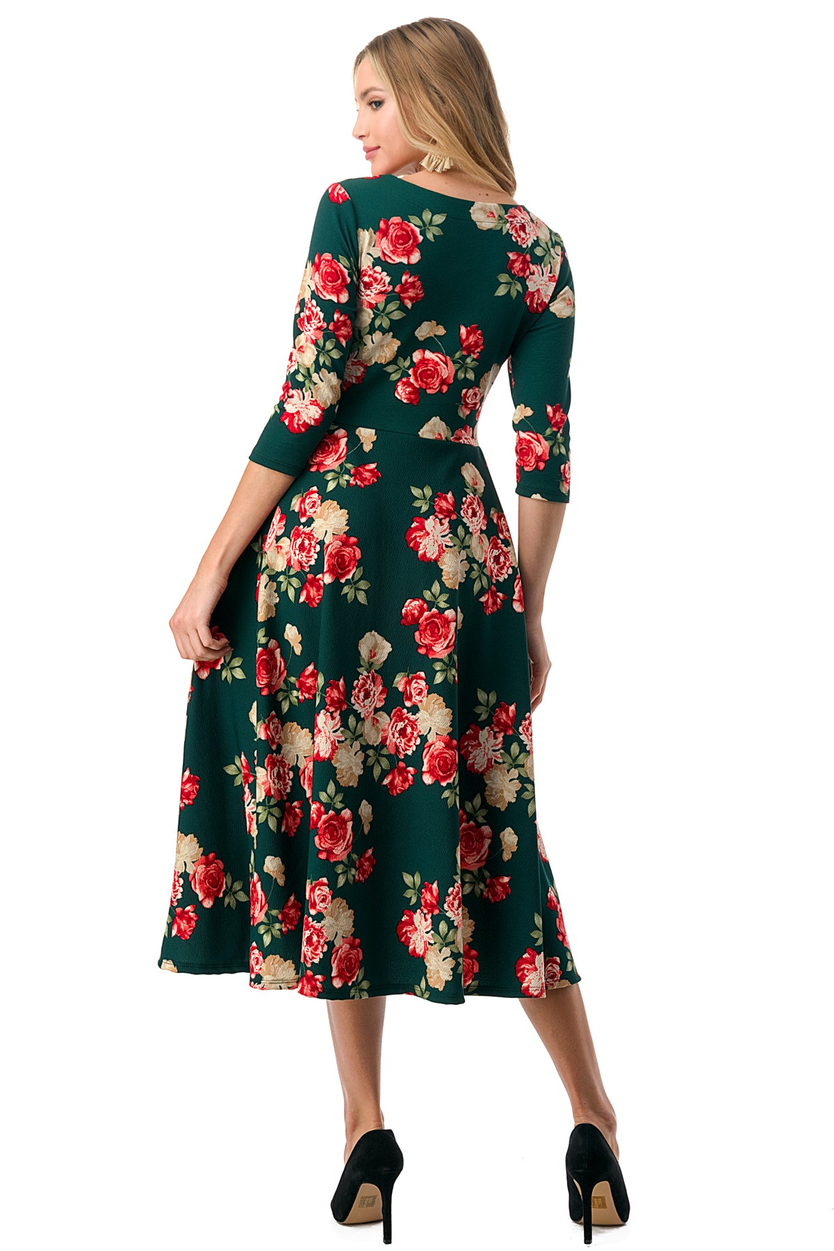 1223 Floral Midi Dress with a Round Neck, Side Pockets.