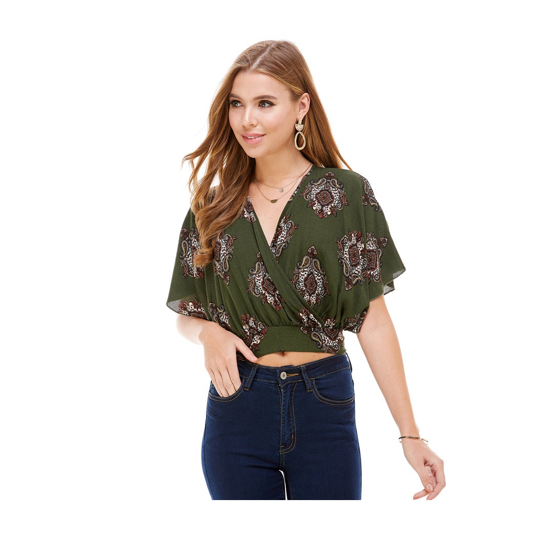 Paisley Print Surplice Dolman Sleeve Tie Back Top