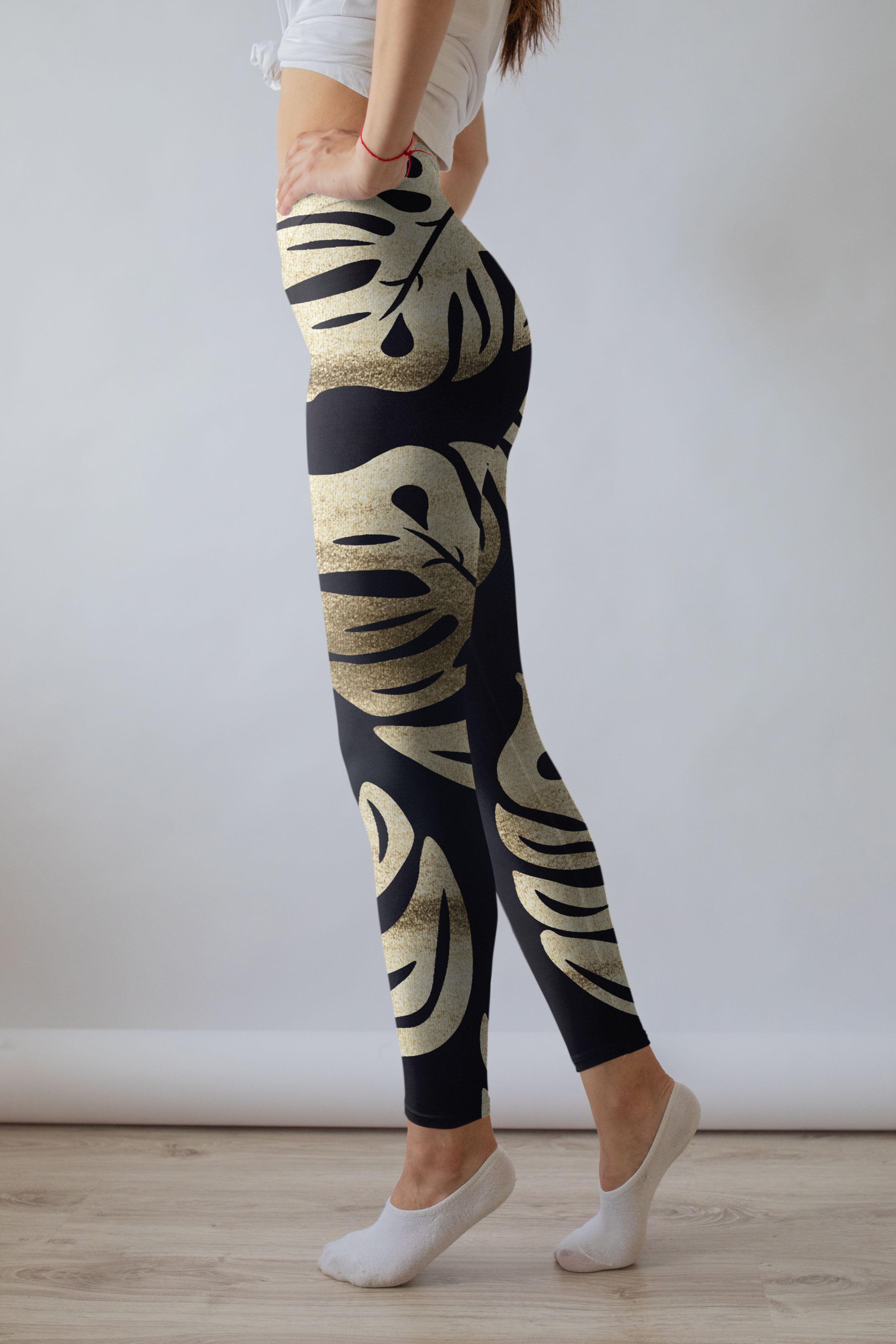 High Waist Navy Gold Palm Leaf Leggings