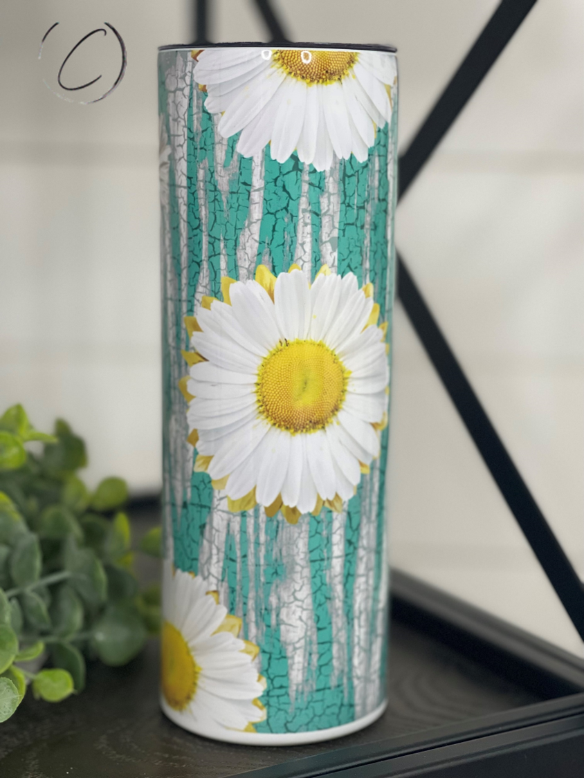 Teal Crackle Daisies 20oz Skinny Tumbler