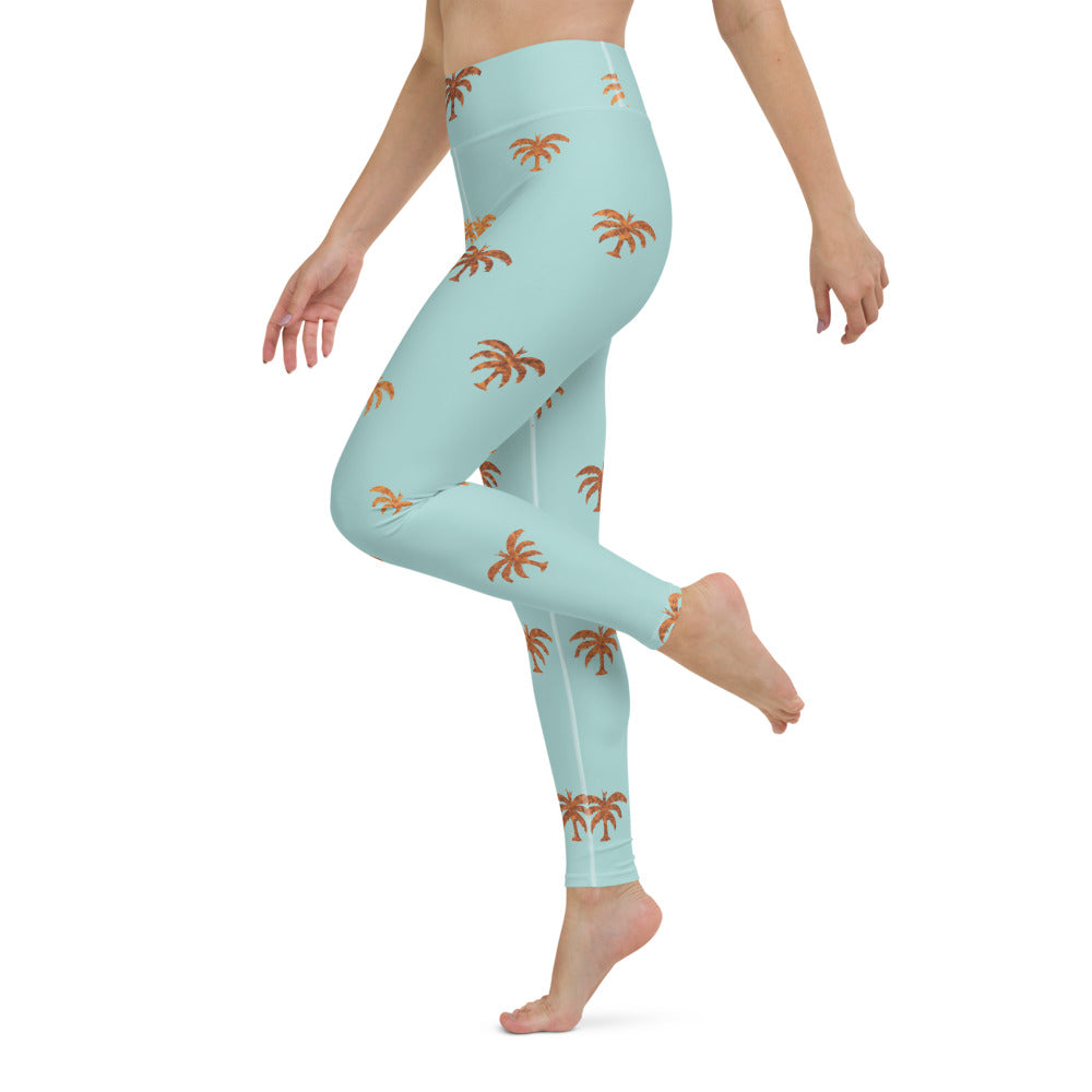 High Waist Light Blue Gold Palm Tree Leggings