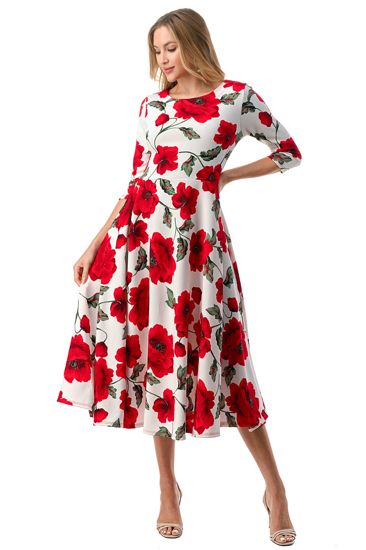 1223 Floral Midi Dress with a Round Neck, Side Pockets.