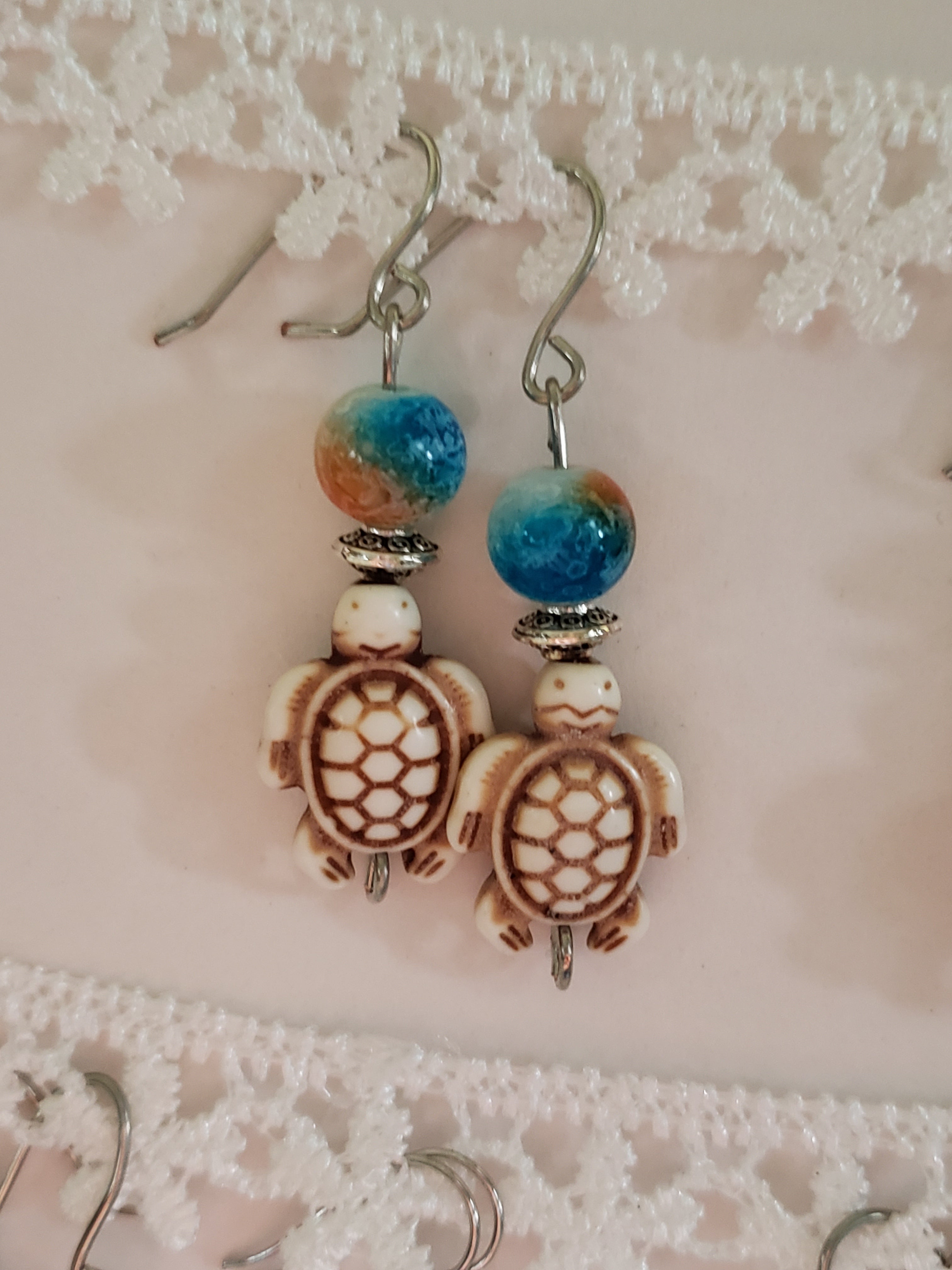 Handmade Stone Turtle Dangle Earrings Beach Earrings Turtle Earrings