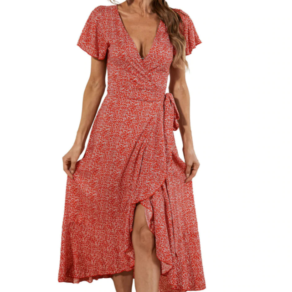 Womens Floral Maxi Dress With Cap Sleeves