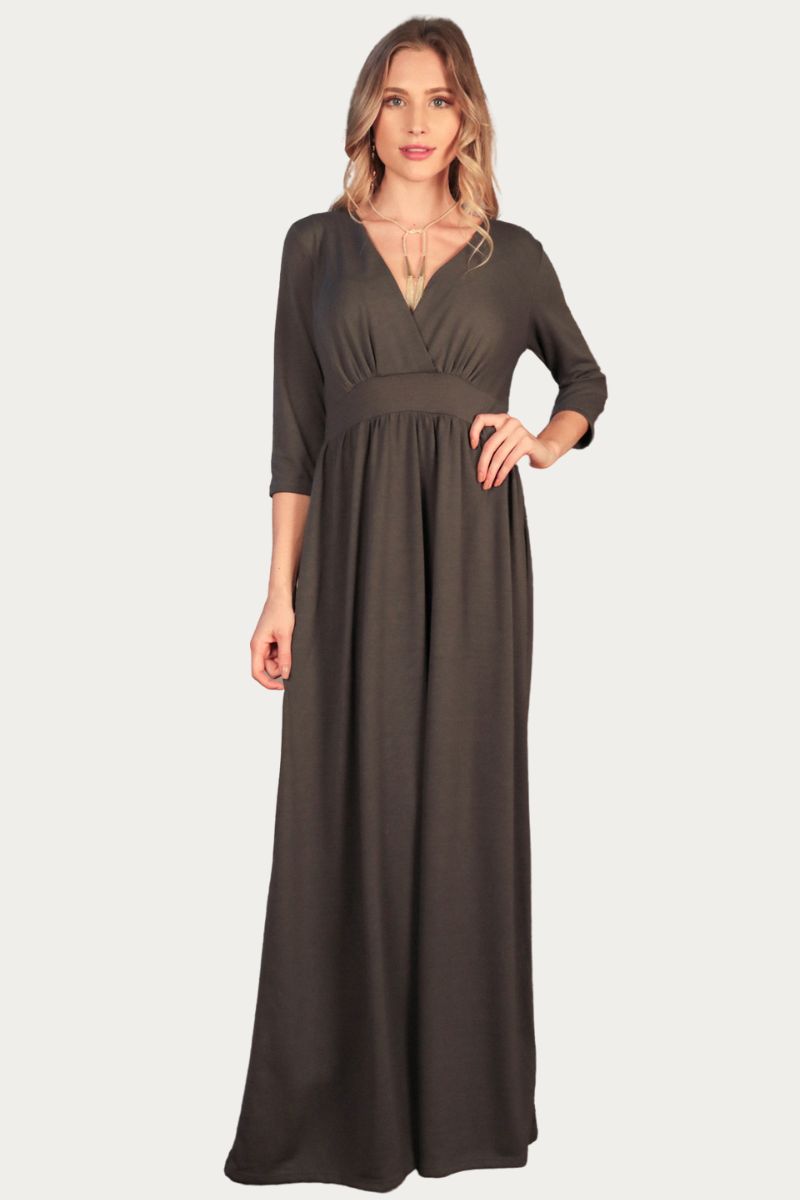 Solid maxi dress, surplice bodice, v-neckline, banded waist 1160