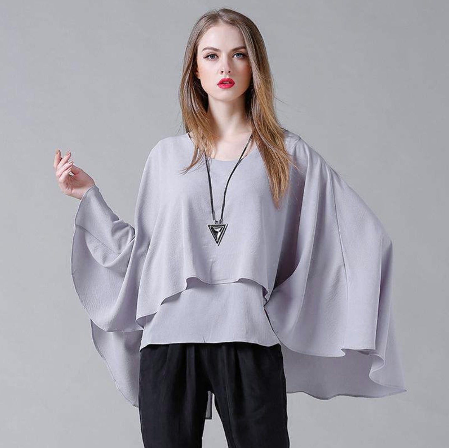 Womens Batwing Layered Chiffon Top