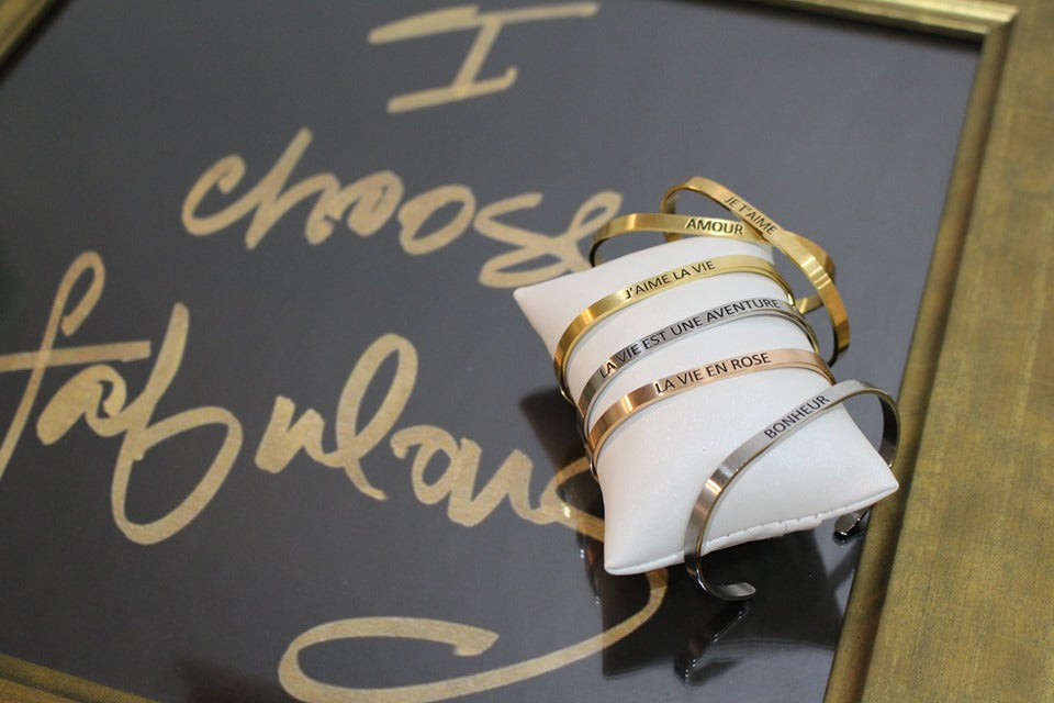 "Je t'aime" stainless steel 18k Gold plated Cuff Bracelet