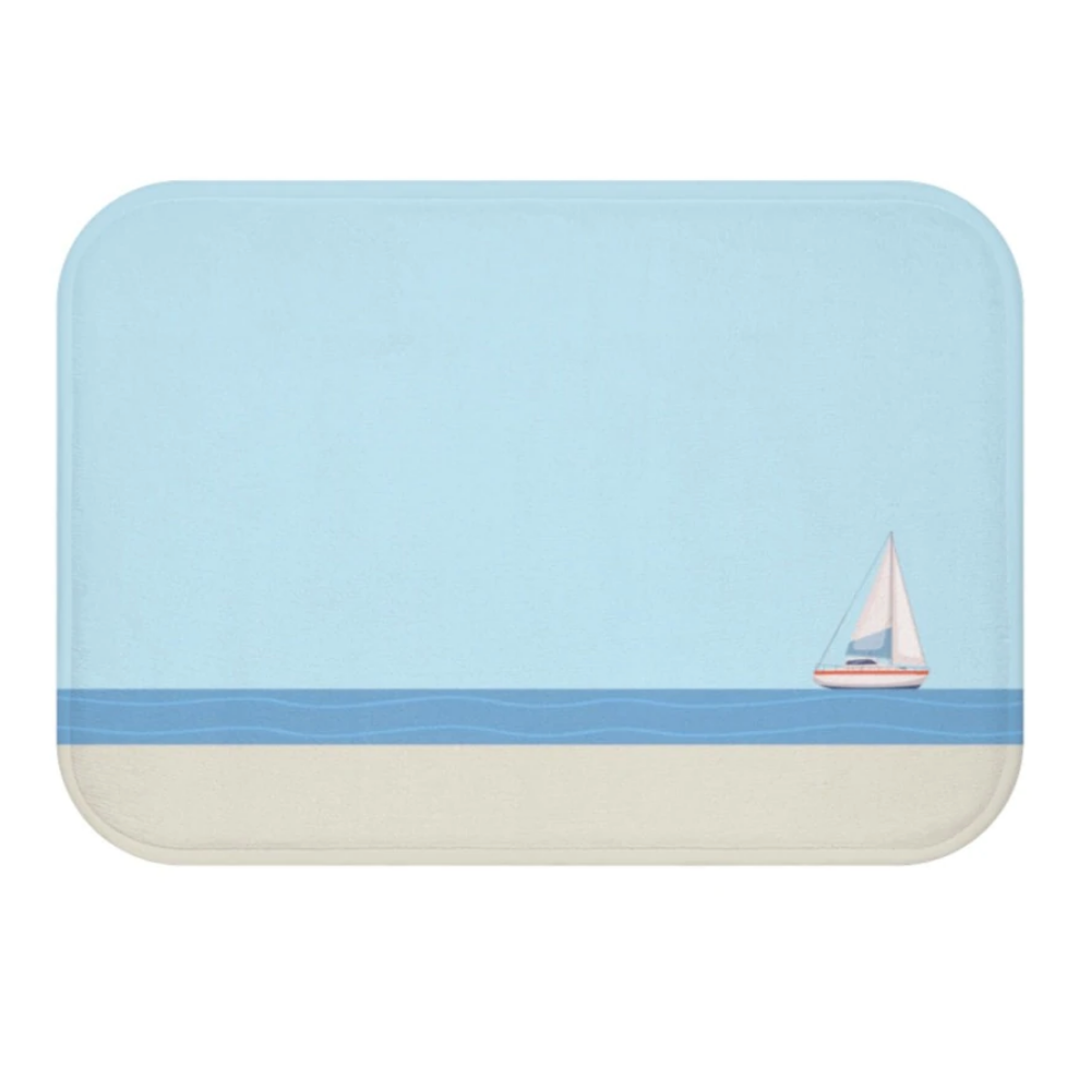 Sail Boat in the Ocean Bath Mat | Yellow Pandora