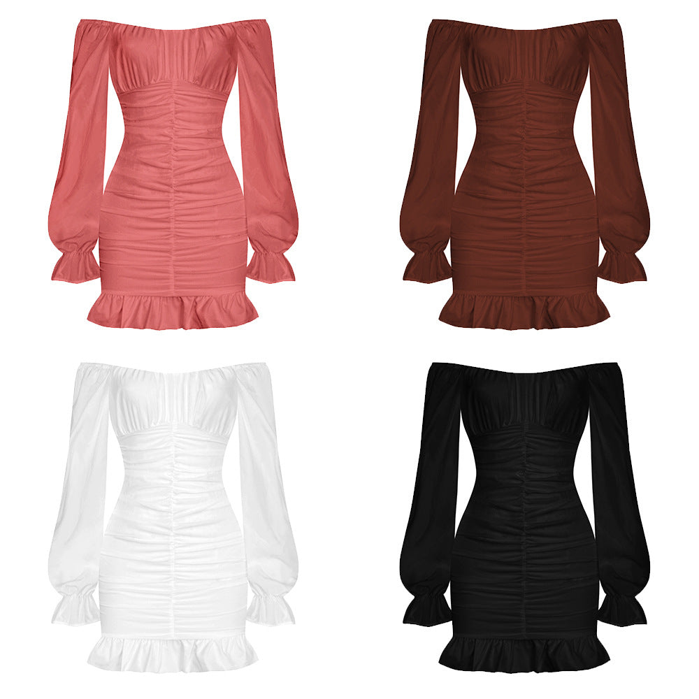 New Ruffled Pleated Sexy Off-the-shoulder Long Sleeve Dress