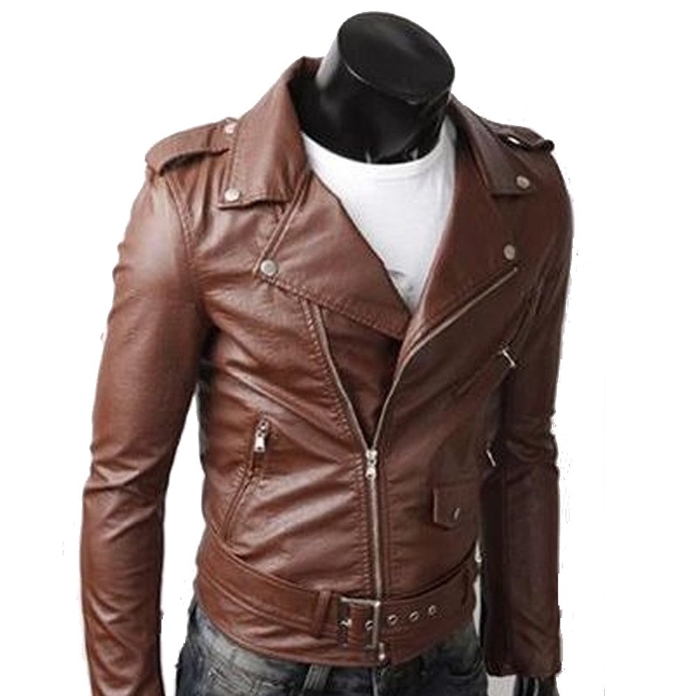 Mens Vegan Leather Motorcycle Jacket in Brown