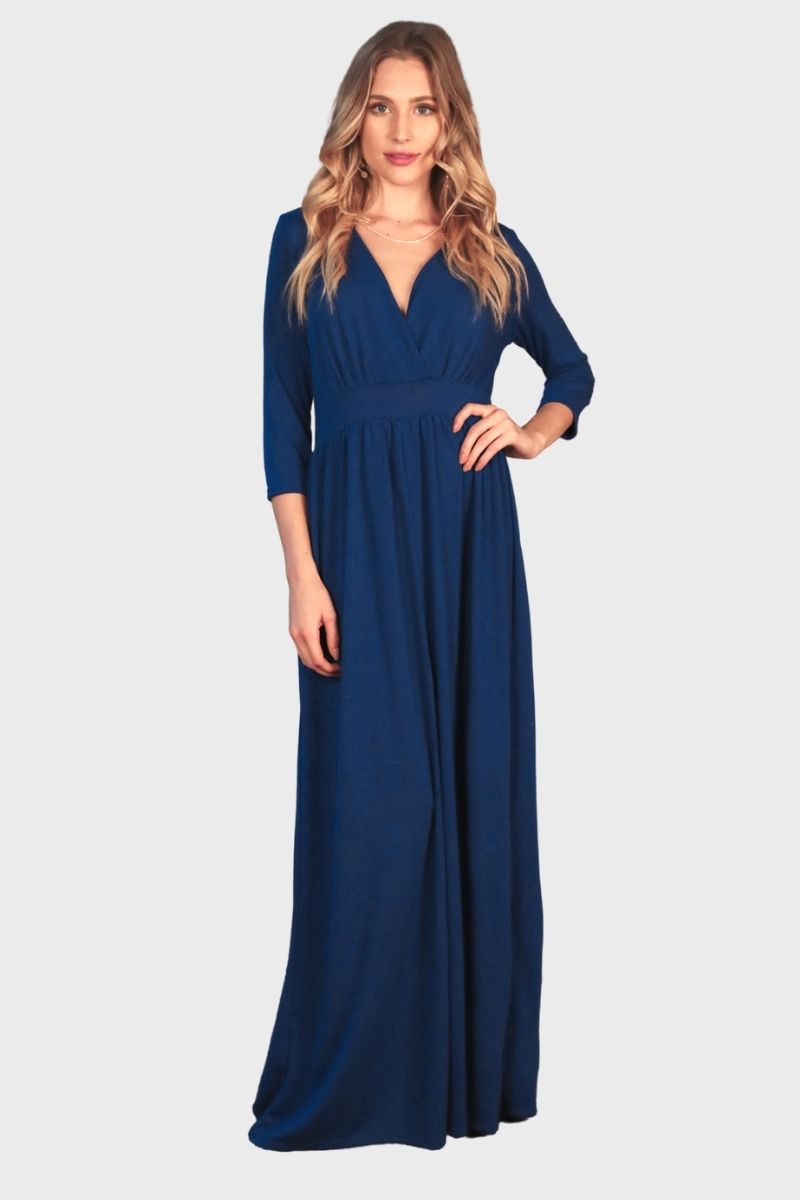 Solid maxi dress, surplice bodice, v-neckline, banded waist 1160