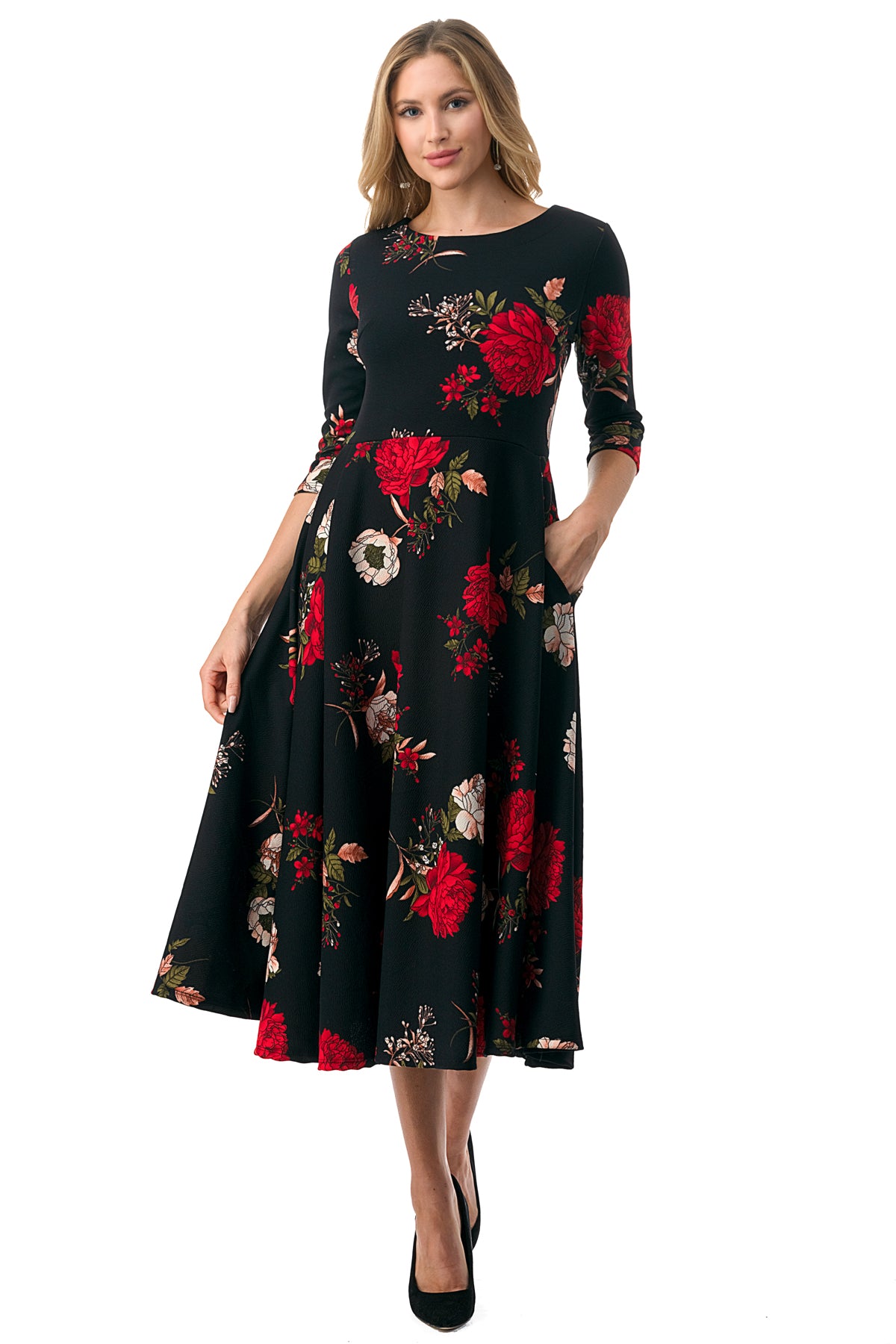 1223 Floral Midi Dress with a Round Neck, Side Pockets.