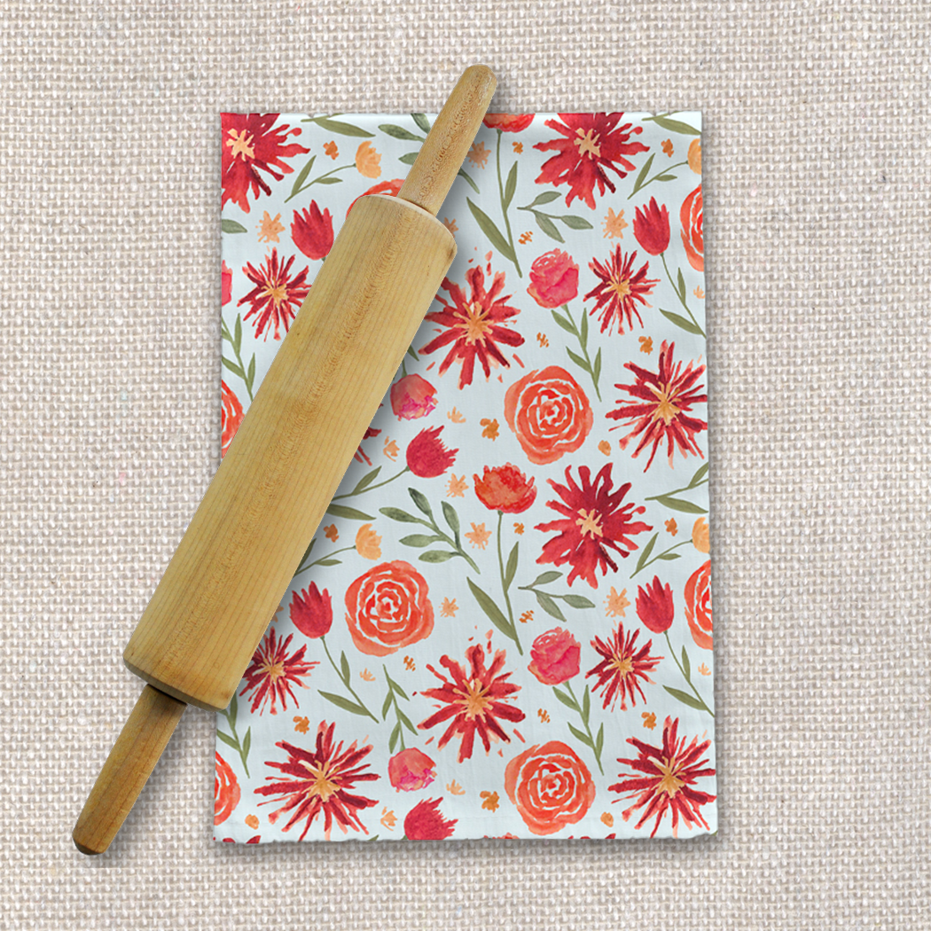 Red Flower Burst Tea Towel