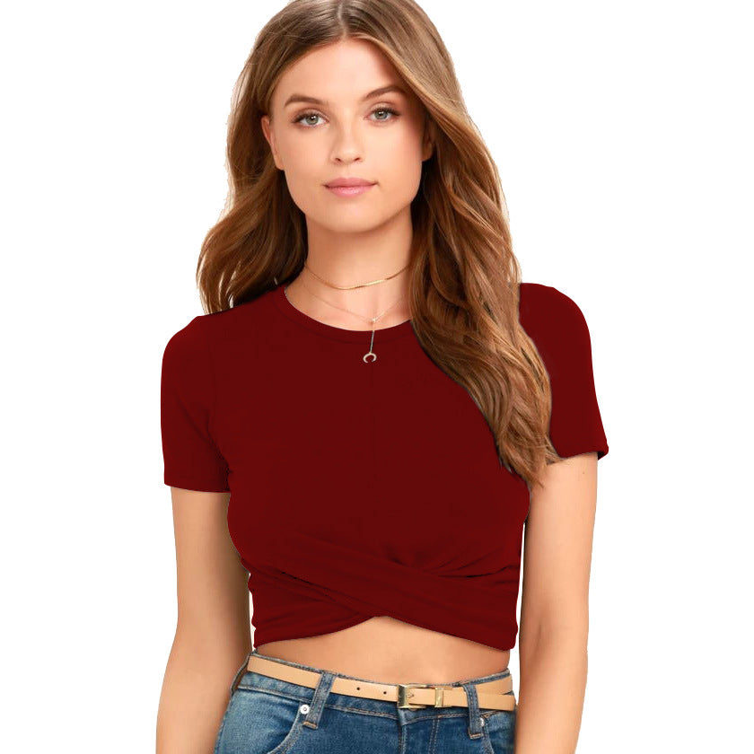 New Round Collar Midriff Kink Ultra Short T-Shirt