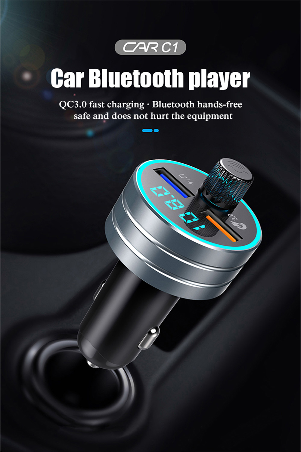 QC 3.0 Dual USB Fast Car Charger with Bluetooth Mp3 Player | Teal Simba