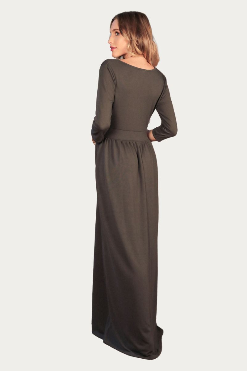 Solid maxi dress, surplice bodice, v-neckline, banded waist 1160