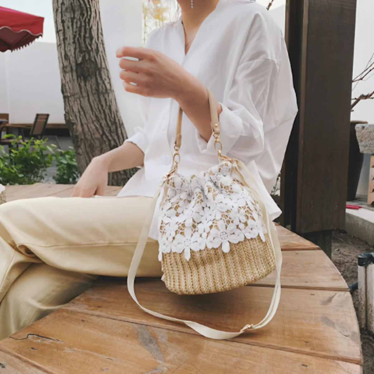 Summer Crossbody Straw Bucket with Lace