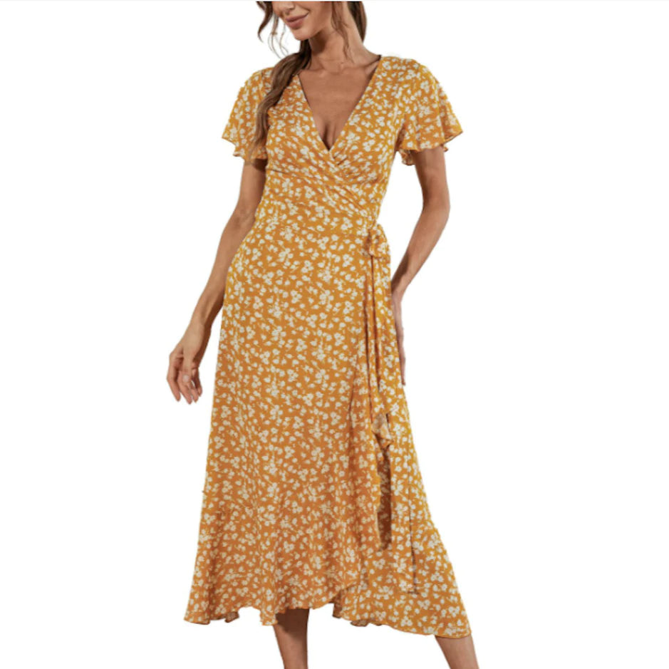 Womens Floral Maxi Dress With Cap Sleeves