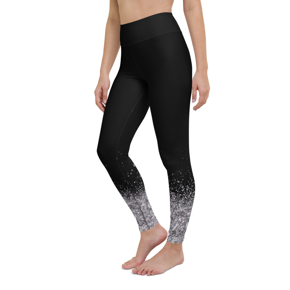 High Waisted Black Silver Glitter Leggings