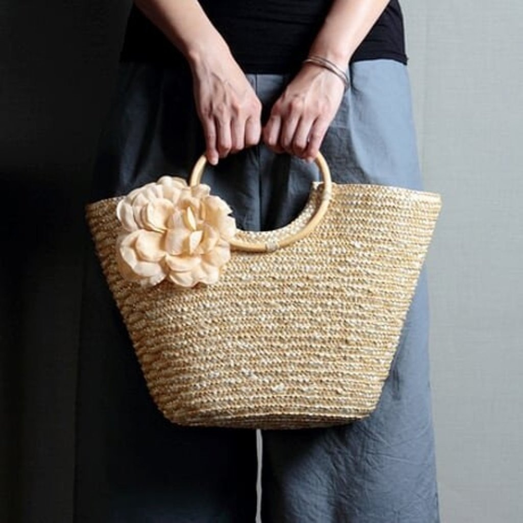 Woven Straw Totebag with Flowers | Yellow Pandora