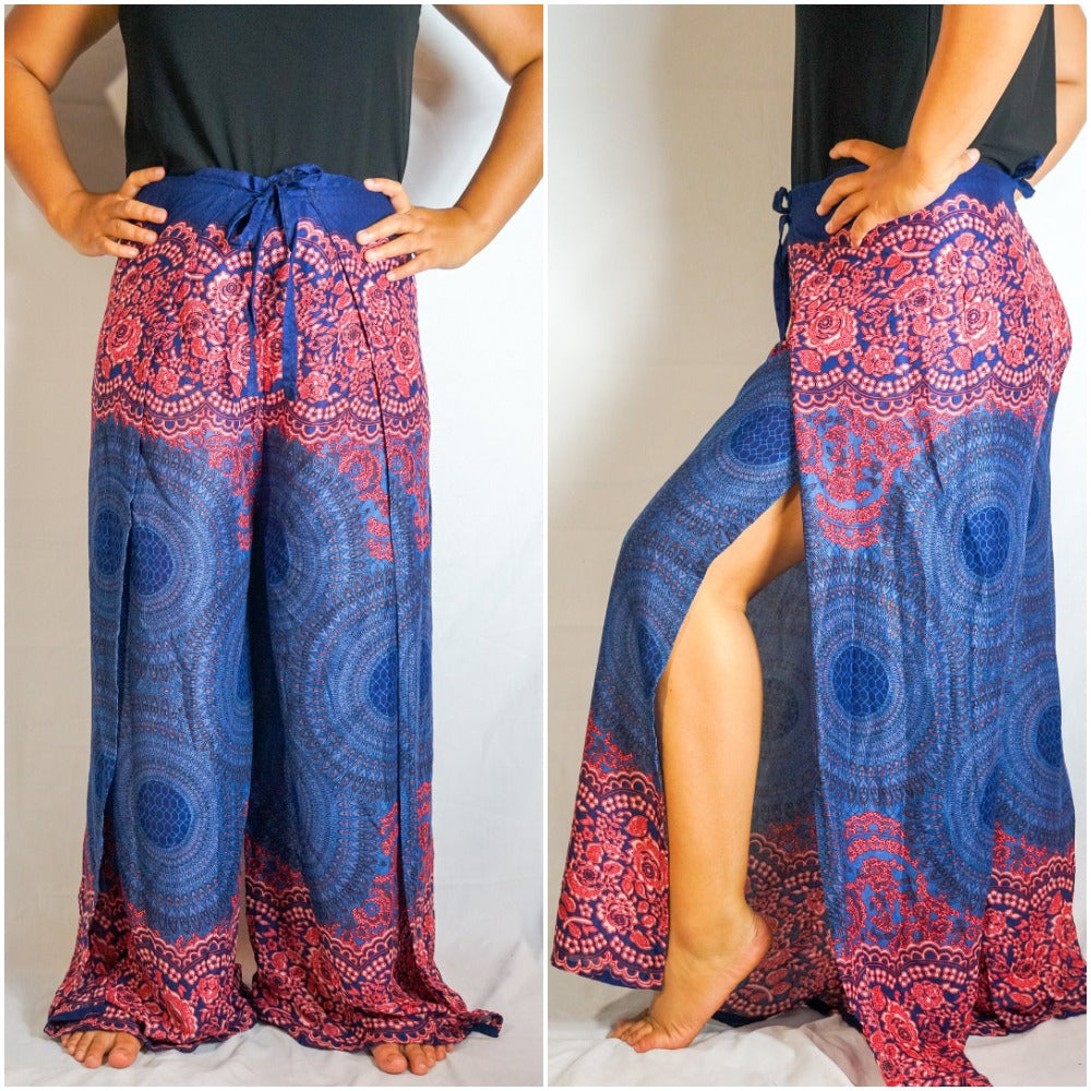 Blue Mandala Palazzo Wrap Pants, Hippie Pants, Boho Harem Flow Pants