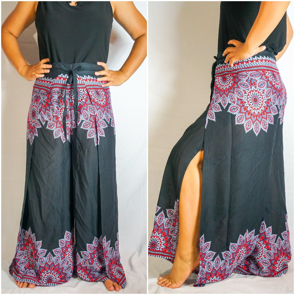 Black Floral Palazzo Wrap Pants, Hippie Pants, Boho Harem Flow Pants