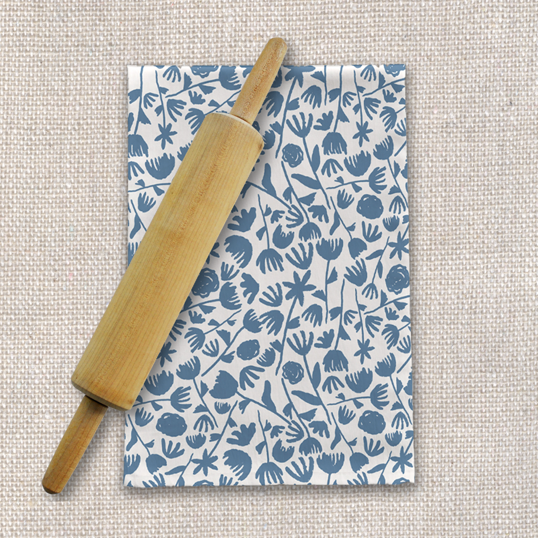 Light Blue Ink Floral Tea Towel