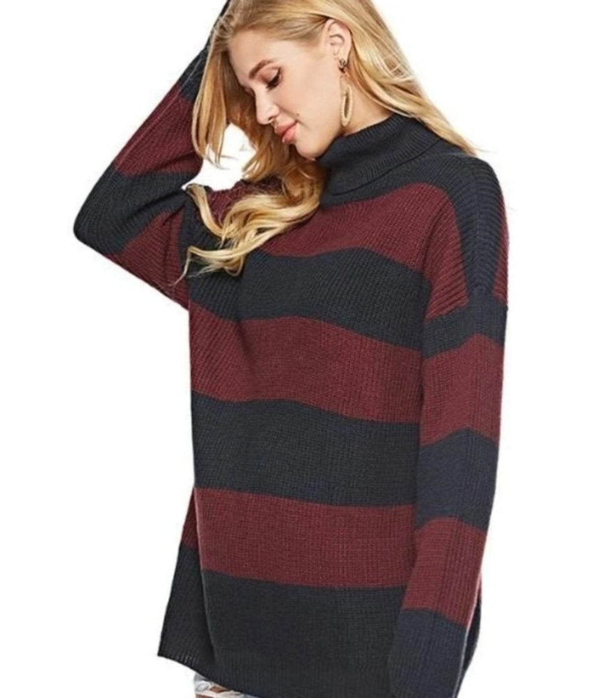 Womens Loose Fit Turtle Neck Stripe Sweaters