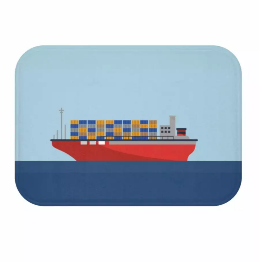 Cargo Ship with Containers in the Ocean Bath Mat | Yellow Pandora