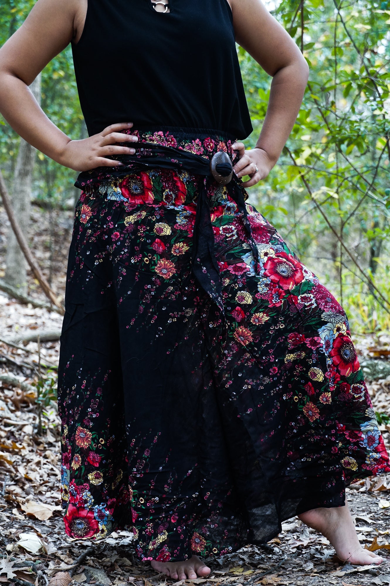 Black Floral Boho Skirt, Hippie Skirt, Gypsy Skirt