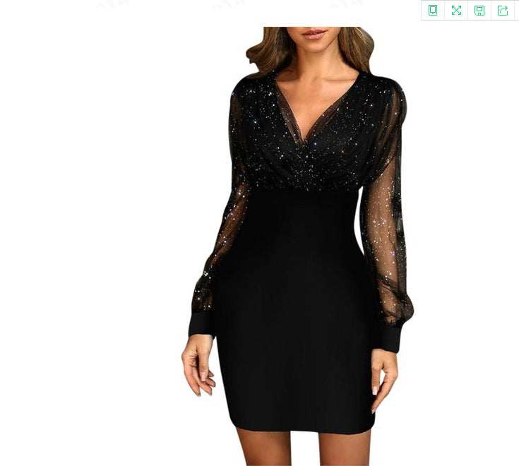 Mesh V-Neck Sequin Dress Slim Fit Sexy Dress