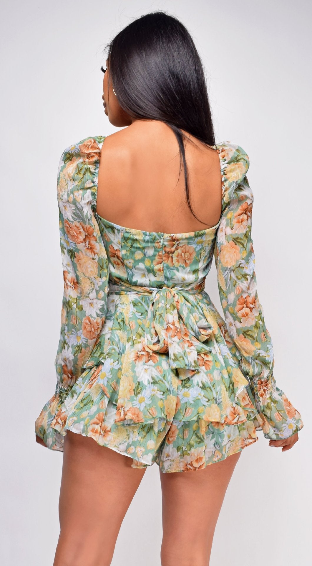 New Sexy Backless Square Neck Long Sleeve Floral Jumpsuit