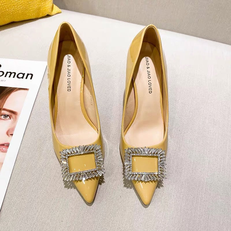 New rhinestone square buckle patent leather stiletto pointed toe pumps