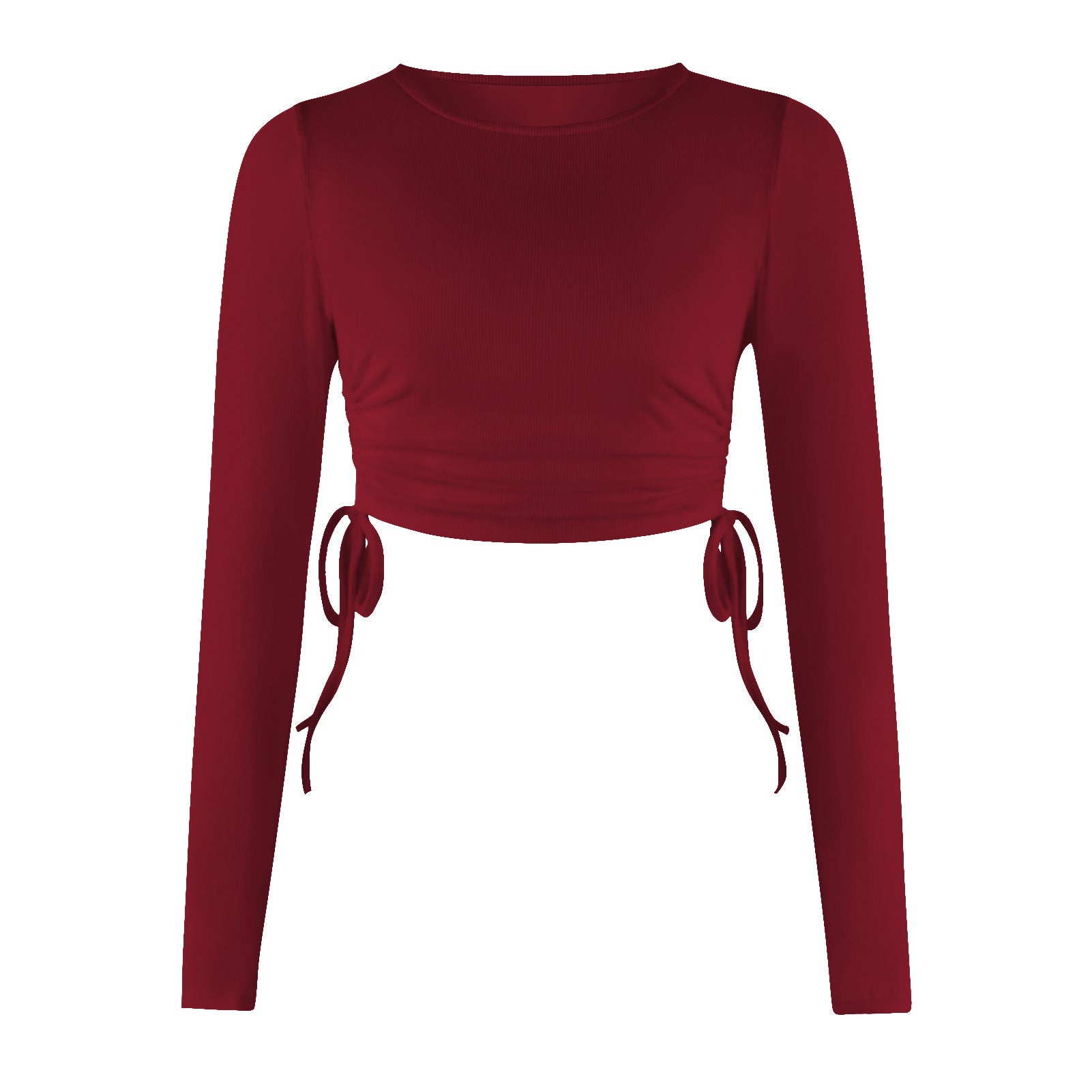 Trendy Drawstring Crew Neck Long Sleeve Cropped Navel T-Shirt