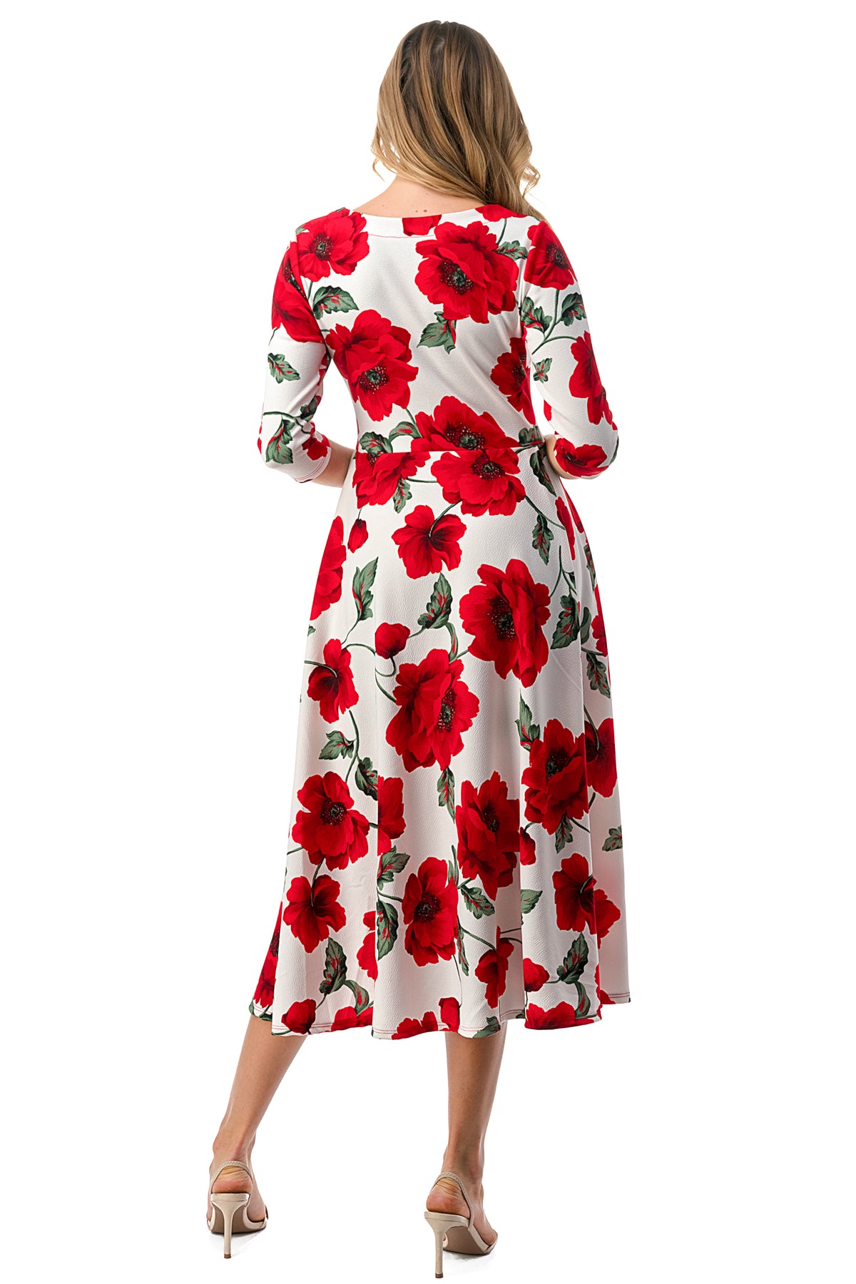 1223 Floral Midi Dress with a Round Neck, Side Pockets.