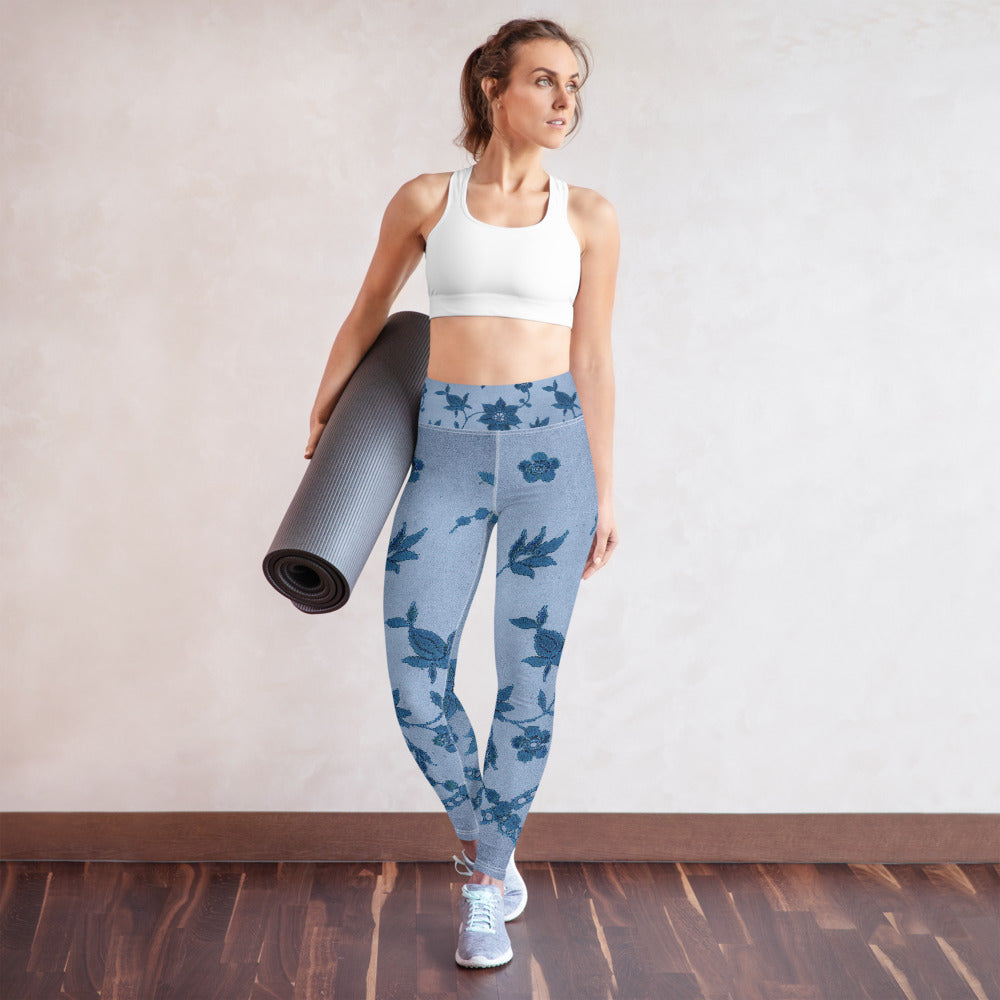 High Waist Blue Printed Lace Leggings